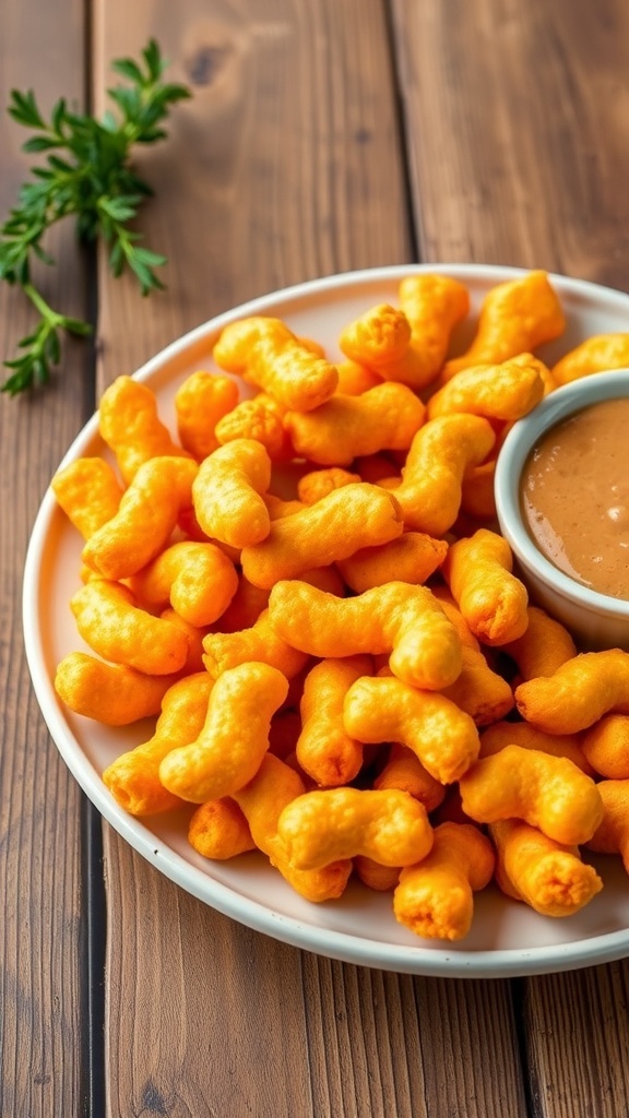Zero Carb Keto Cheetos Recipe A plate of homemade keto Cheetos, golden and crispy, served with a dipping sauce on a wooden table.